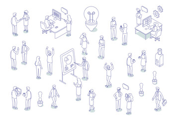 Isometric office workspace with people working together. Coworking. Line art vector isometric business people illustration.	