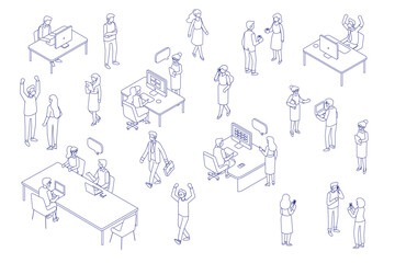 Line art vector of isometric office people. Business teamwork, collaboration, and corporate communication for infographics, coworking, and workplace design projects.