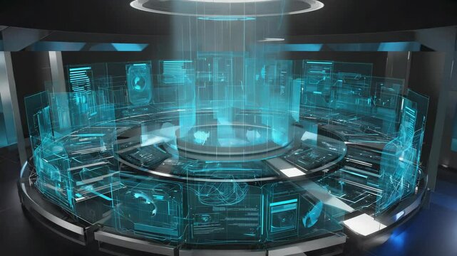 Futuristic command center with holographic display technology