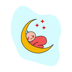 illustration of a baby comfortable sleeping on a crescent moon, logo