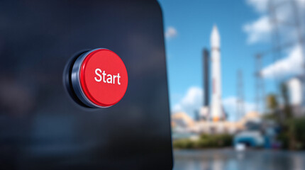 A red launch button is located in front of a rocket on a launch pad — a symbol of a start, a new phase, an idea or a technological breakthrough
