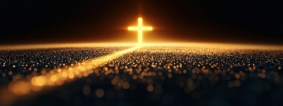 A cross is lit up in the dark, with a bright light shining on it