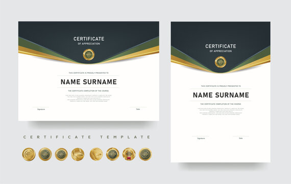 Professional certificate of appreciation template in modern minimal style. Includes editable layout in horizontal and vertical formats with bonus set of golden award seals.