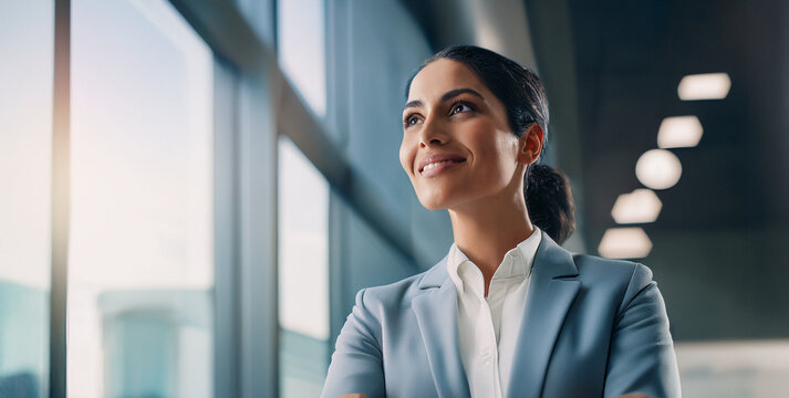 Retrato de una mujer exitosa directiva de empresa en una oficina moderna con cristalera mirando hacia el exterior
