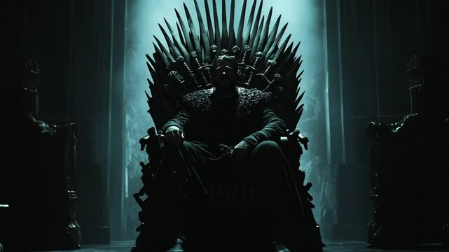 A Man Sits on a Throne of Swords in a Dark, Moody Scene Setting a Dramatic Tone