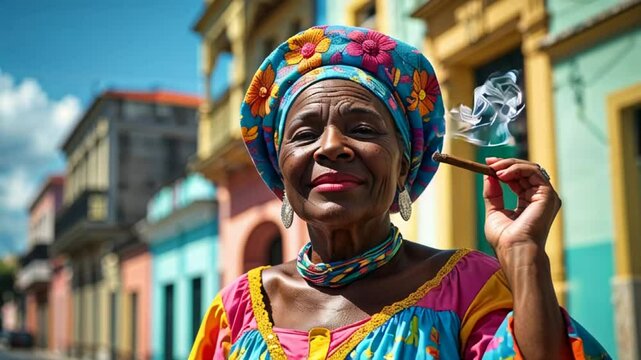 Portrait of an elderly Cuban woman with a cigar on the street

