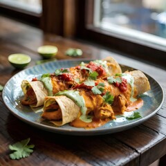 A creative fusion dish combining elements of Indian and Mexican cuisines: tandoori chicken enchiladas with vibrant chutney drizzles on a modern plate.