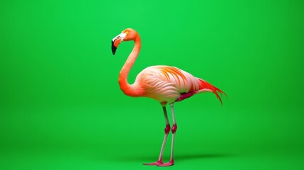 Obraz premium Single, vibrant flamingo against a solid green backdrop.