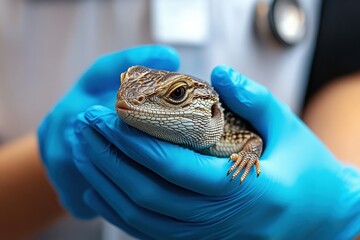 Vet holding a lizard: reptile care by expert in blue gloves