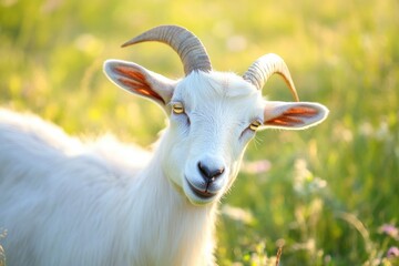 Fototapeta premium White goat with curved horns grazing in sunlit meadow