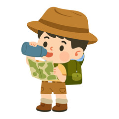 Cartoon Boy Explorer with Map and Water Bottle