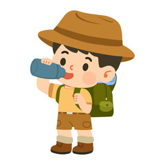 Cute Cartoon Boy Drinking Water While Hiking