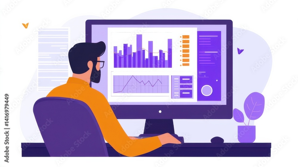 Poster data analyst working on visualizations at a desk during daytime in a modern office setting