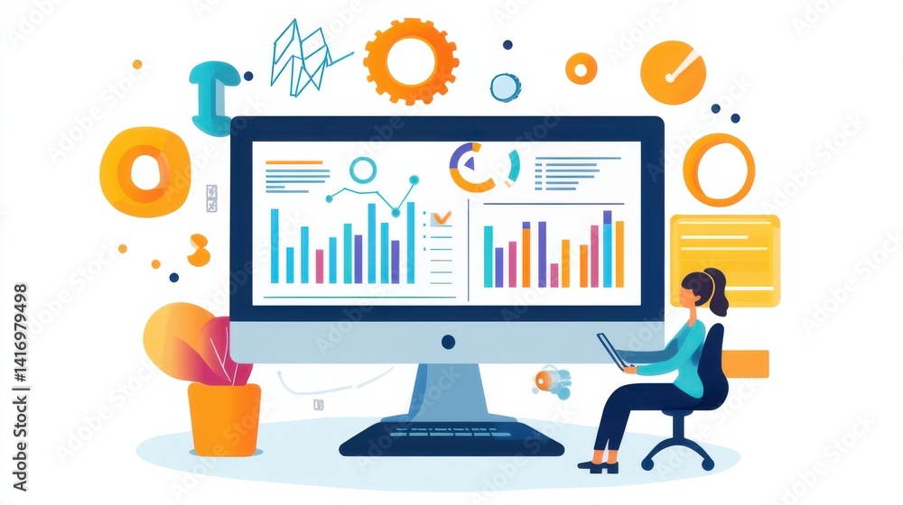 Poster data analysis and visualization on a computer screen with an abstract design and a person working at