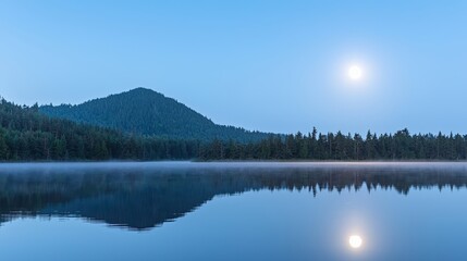 Fototapeta premium Serene Moonlit Lake & Mountain Reflection - Nature Photography