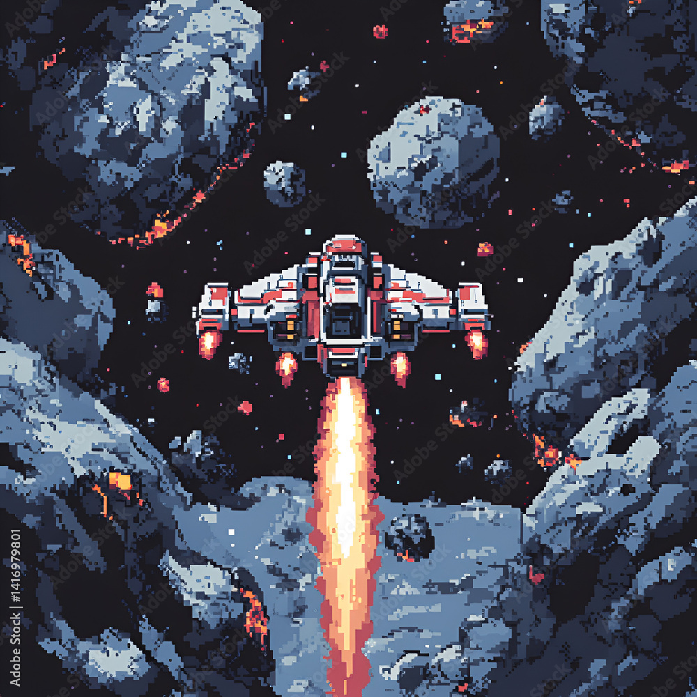Poster spaceship launching through asteroid field outer space pixel art cosmic environment high angle adven