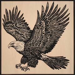 Detailed black-and-white illustration of a soaring eagle with intricate feather details