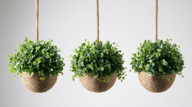 Hanging spherical plant pots with greenery