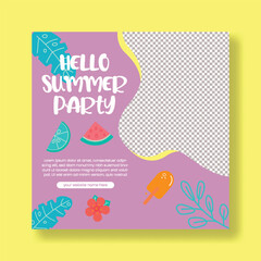 summer Holiday tour and summer vacation editable social media post, web banner template, promotional advertisement for summer beach pool party, square flyer or poster, summer tropical background