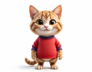 A cute digital rendering of a cartoon cat with a closed-mouth smile and a red shirt with purple trim.