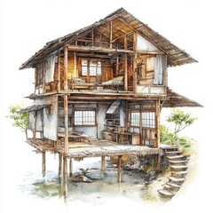 Detailed Illustration of a Rustic Elevated House with Open Interior