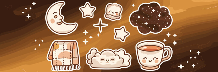 Cozy sticker icon with moon, stars, blanket, and teacup in warm colors