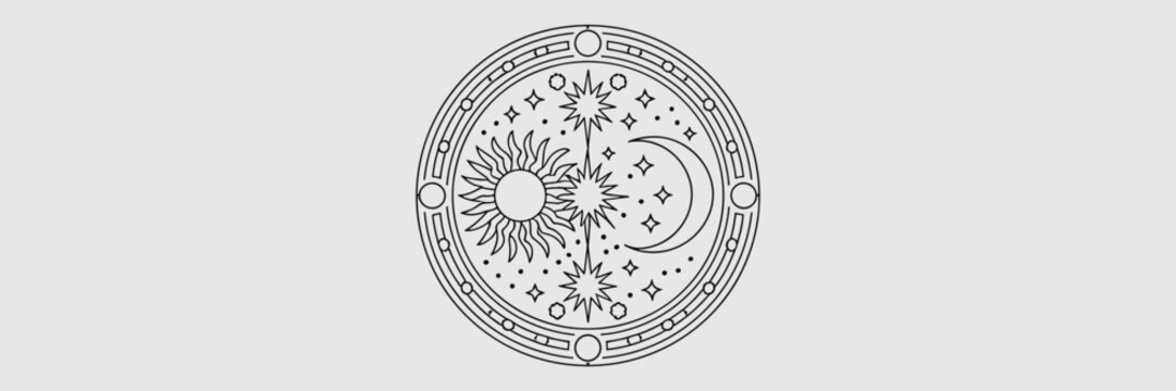 Celestial mandala with sun and moon symbols – Ideal for astrology content, spiritual decor, or cosmic-themed designs.