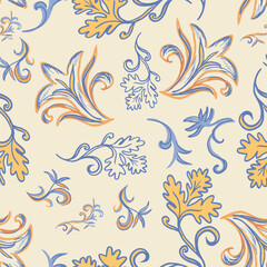 Delicate vintage-inspired floral seamless pattern featuring swirls, leaves, and ornamental shapes in soft orange and blue over a cream background