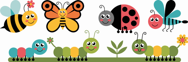 Obraz premium Cute vector icons of spring insects on a leaf – Great for seasonal kids’ products or nature-themed designs