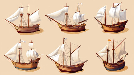 Sailing vessels: A meticulously detailed illustration presents a collection of classic sailing vessels, their sails billowing against a soft, neutral backdrop.