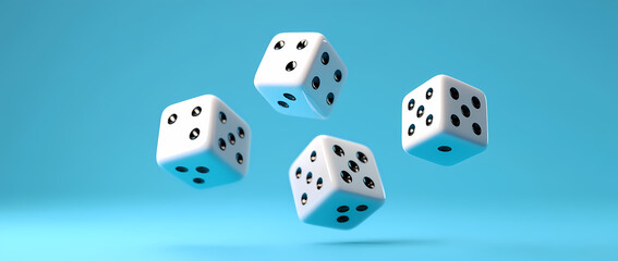 Dice Game: A quartet of dice are suspended mid-air. The dice, pristine white with jet-black pips, convey the anticipation of games of chance. A cool blue background adds a layer of calm to this image.