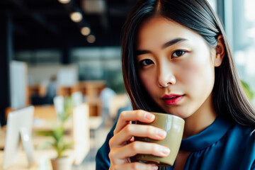 Focused Woman Sipping Coffee in Modern Office