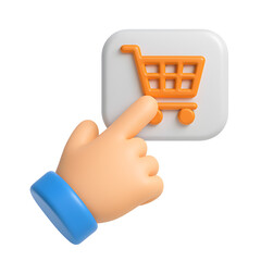 3D Render of Hand Clicking Shopping Cart Button Online Shopping Concept