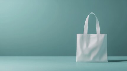 Minimalist white tote bag displayed on a teal background with soft lighting for a fresh and modern look