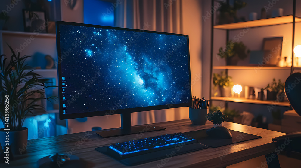 Poster modern workspace: a sleek computer setup dominates the scene, exuding a futuristic and inviting atmo