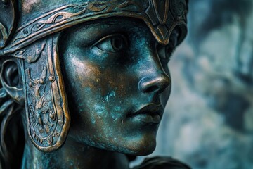 Close-up of ancient bronze warrior statue with helmet detail