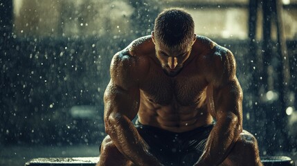 A muscular man sits on a bench in the gym, resting between sets, his arms glistening with sweat.