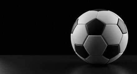 A black and white soccer ball is placed on a dark black background.