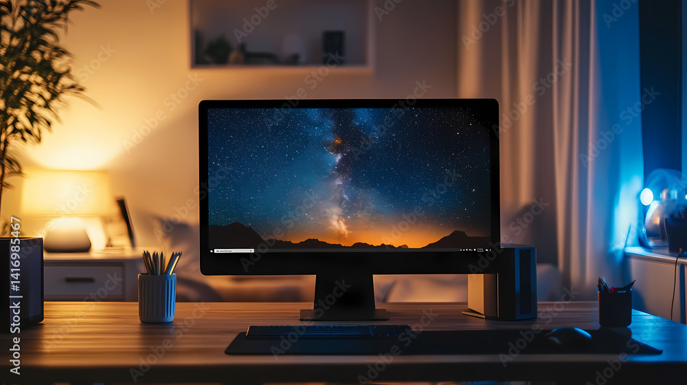 Poster desktop oasis: an inviting workspace with a desktop computer set against a background of a starry ni