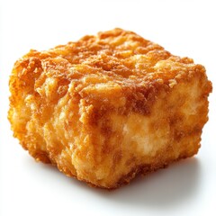 A crispy, golden-brown cube of fried food, isolated on a white background.