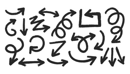 Pencil brush arrows. Doodle sketchy arrow scribbles, hand drawn pointers simple marker ink direction signs in different directions, rough arrows design elements. Vector arrow set
