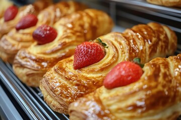 Freshly baked strawberry danish pastries on display