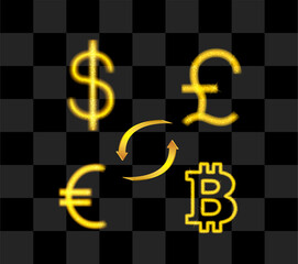 Currency exchange of different countries, dollar, euro, bitcoin, pound sterling. Vector image 