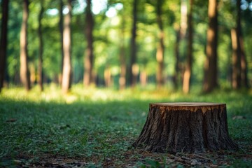 Sunlit tree stump in lush forest clearing with dappled light