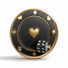 Casino Chip and Dice: A luxurious casino chip, featuring a golden heart, lies beside a die, embodying luck and chance in a game of risk and reward.