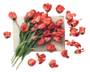 Red Tulip Bouquet Overflowing from Beige Envelope, PNG