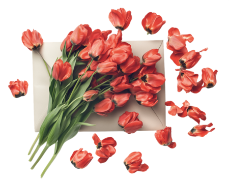 Red Tulip Bouquet Overflowing from Beige Envelope, PNG