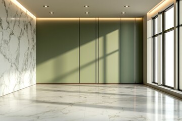 Fototapeta premium minimalist modern interior with green walls, marble floor and large windows. natural light and clean lines create peaceful space. design inspiration, office or home decor.