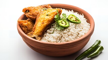 Delicious Fried Fish with Steamed Rice in a Clay Bowl A Healthy and Flavorful Meal