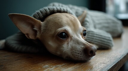 A tiny dog in a cozy sweater gazes thoughtfully towards the distance, capturing warmth and companionship.